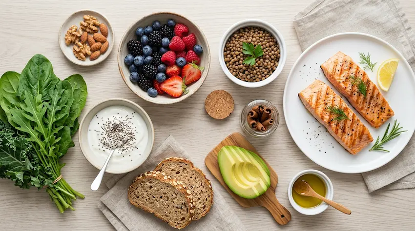 Brain-healthy foods from the MIND and Mediterranean diets — leafy greens, berries, fish, nuts and olive oil