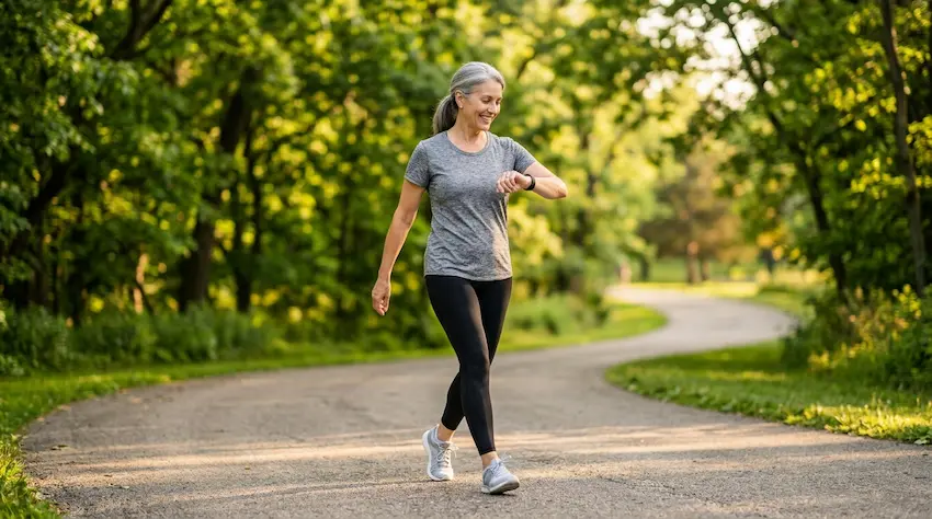 An older adult walking outdoors for regular aerobic exercise